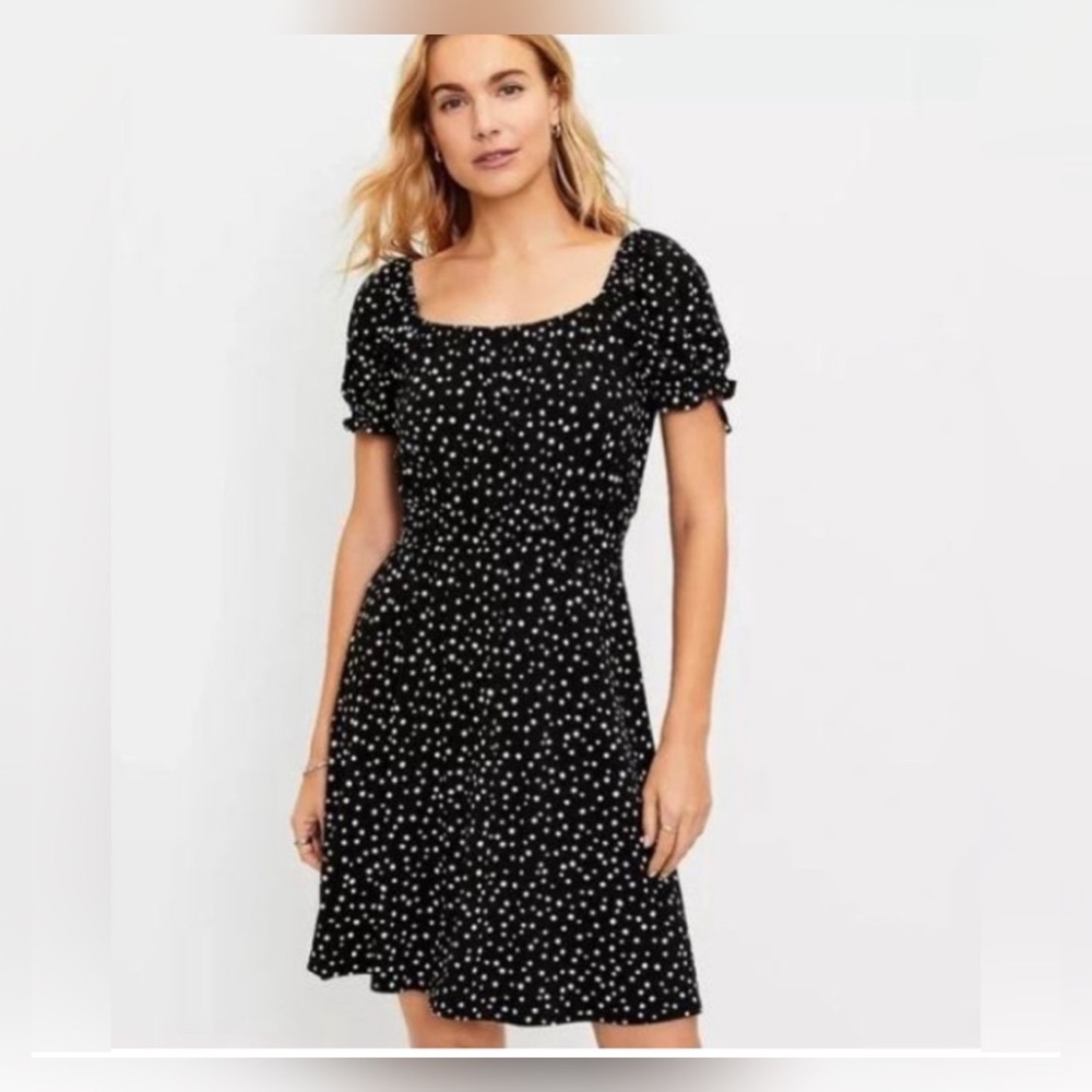 Ann Taylor LOFT Zoo Dot Smocked Square Neck Dress Size Large P
